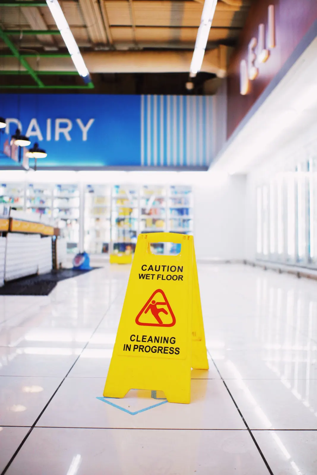 Wet floor sign on a freshly mopped floor